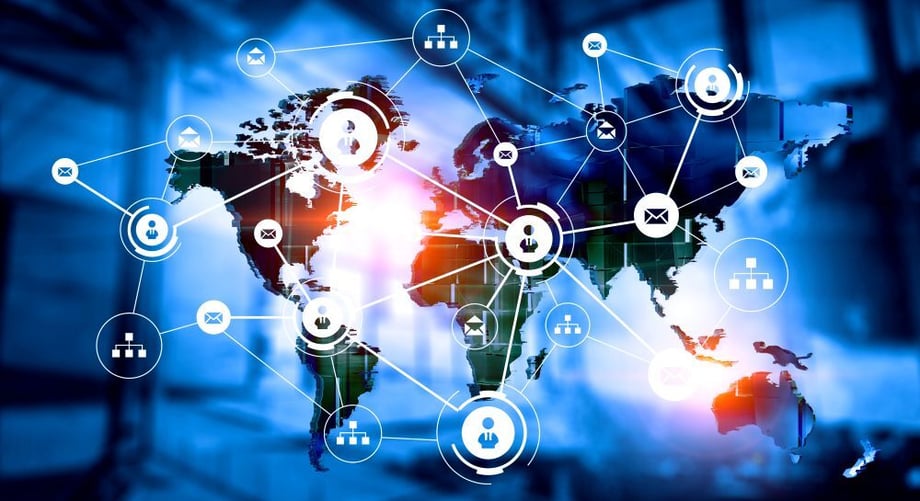 Illustration of a world map with connected digital icons representing global mobility, cross-border tax compliance, payroll coordination, and data visibility across countries.