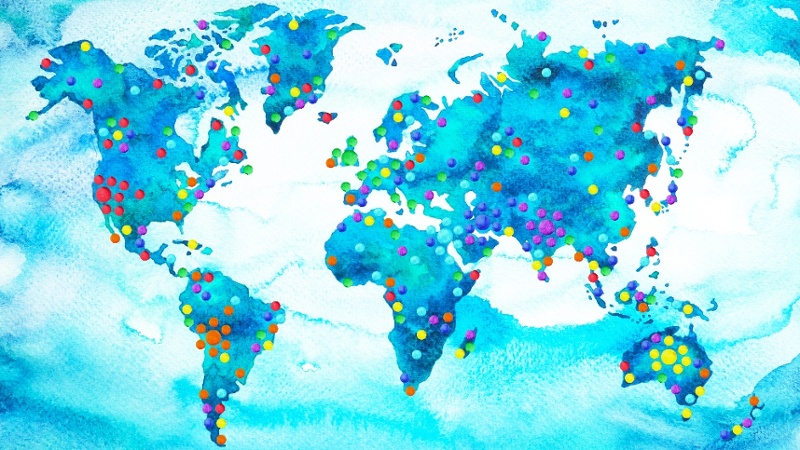 vibrant watercolor painting of a world map with dots across locations