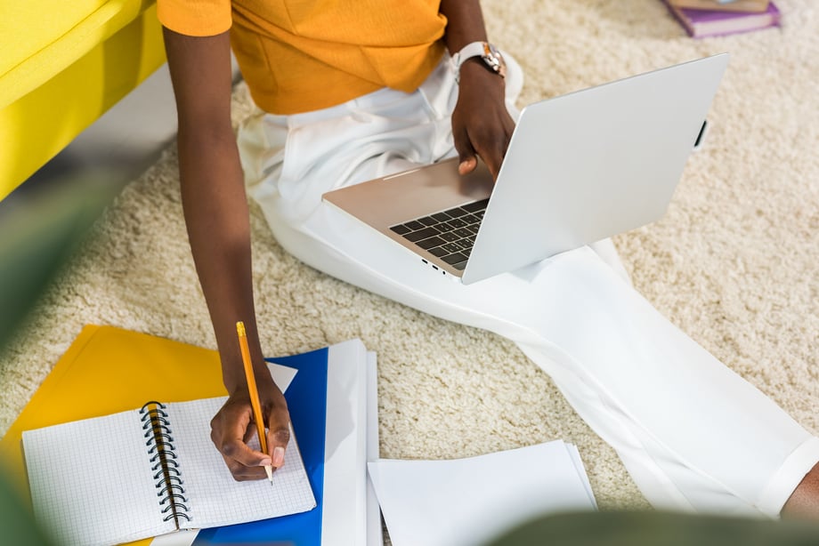 Person working from home orange blue yellow