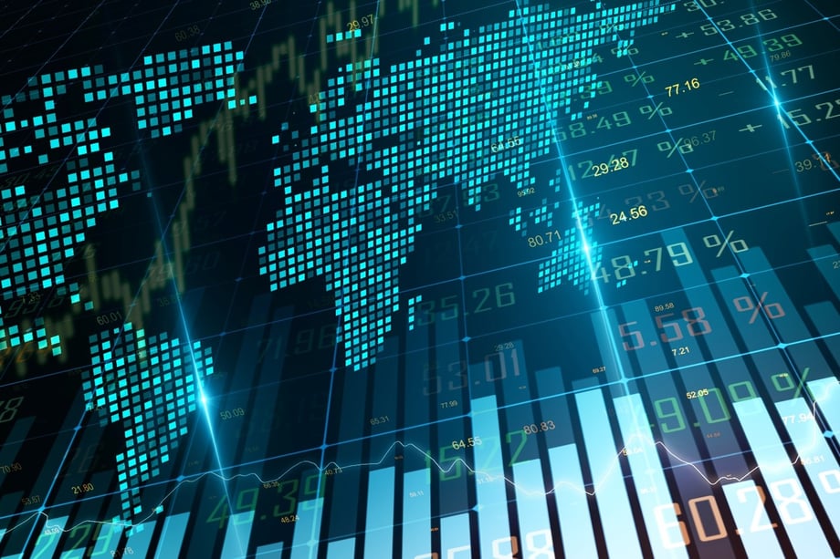 Technology focused world map and reporting of numbers and finances