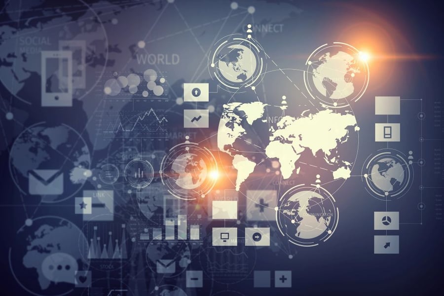 World map overlay with signals and connections showing global trends