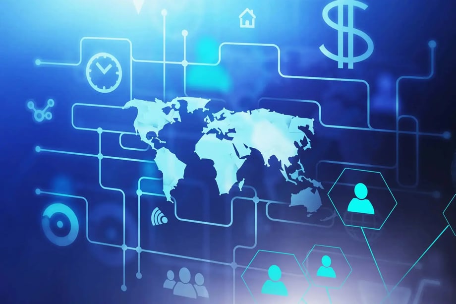 Glowing blue world map with interconnected technology and finance icons.