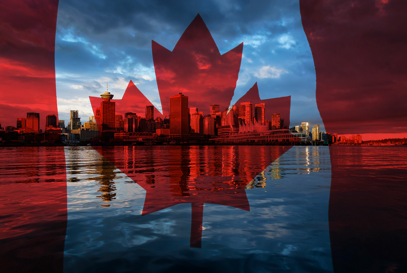 Canadian flag over cityscape of Canada